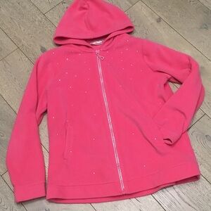 Woman’s Quacker Factory fushia pink hooded fleece. Large.Sparkly ! Gently worni